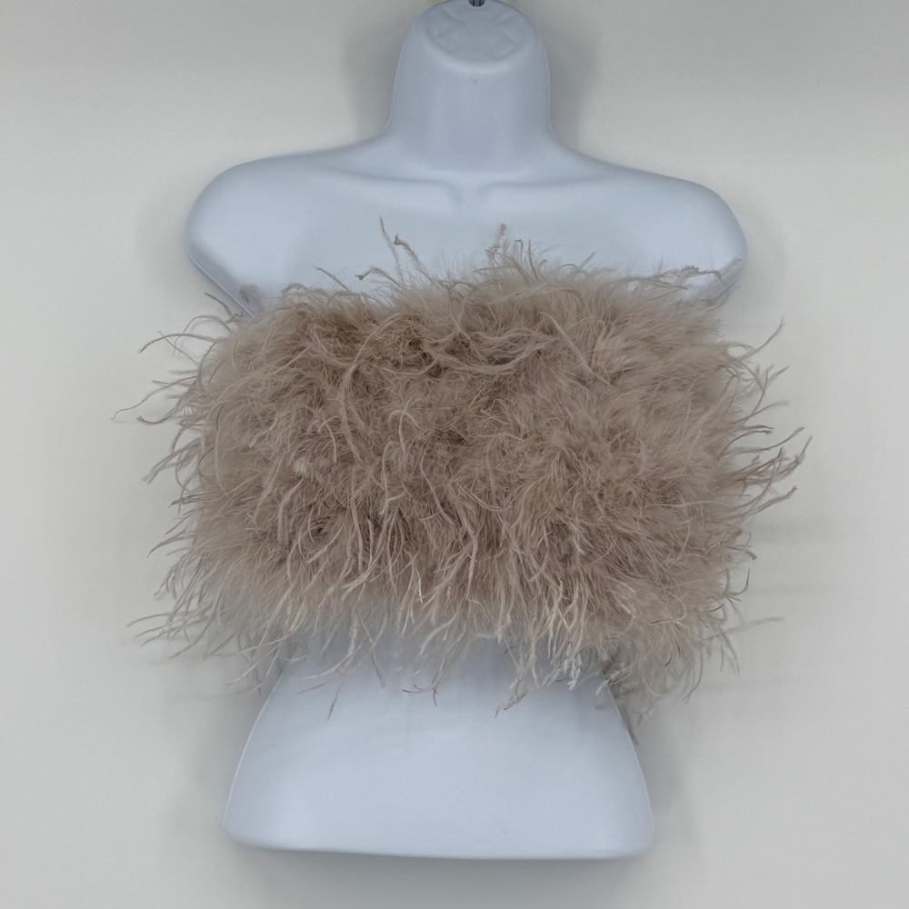 LAMARQUE Zaina Ostrich Feather Bustier Top S Strapless Beige Revolve $295